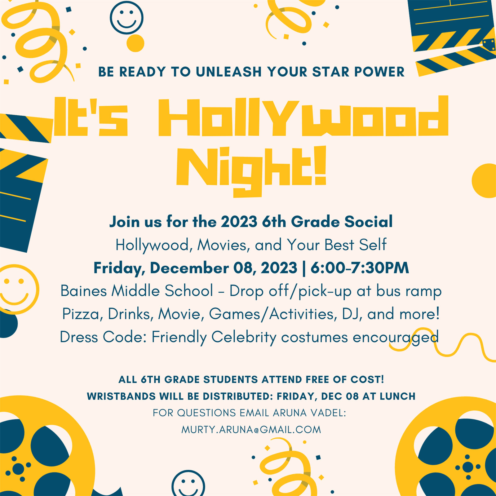  Graphic with info about 6th grade social on Dec. 8